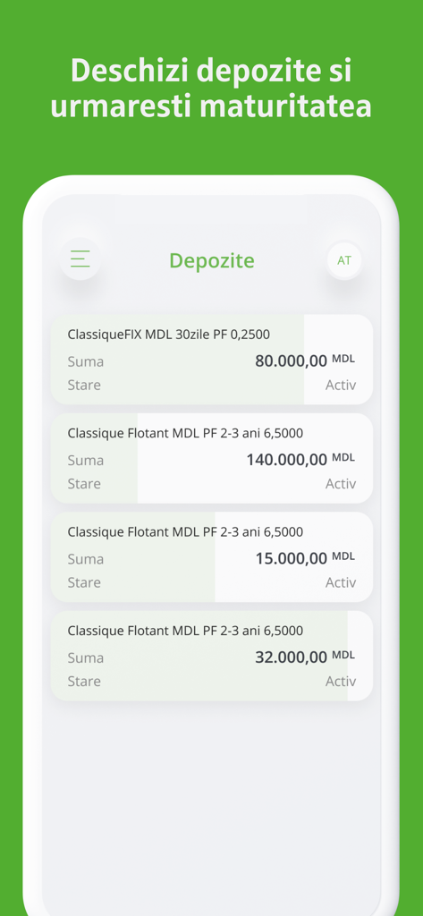 OTP Mobile Banking Moldova - Mobile app screen showing a list of active deposit accounts with balances in Moldovan Leu