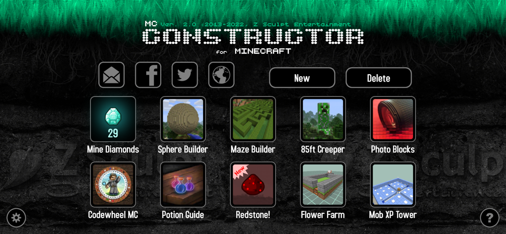 MC Constructor for Minecraft - Pantalla del menú principal de MC Constructor para Minecraft con iconos para generador de esferas, generador de laberintos, guías de redstone y otras herramientas de construcción.