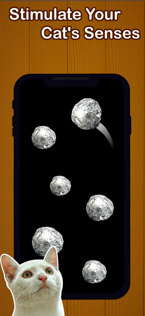 A white cat looking at a screen with bouncing foil balls and the text Stimulate Your Cats Senses