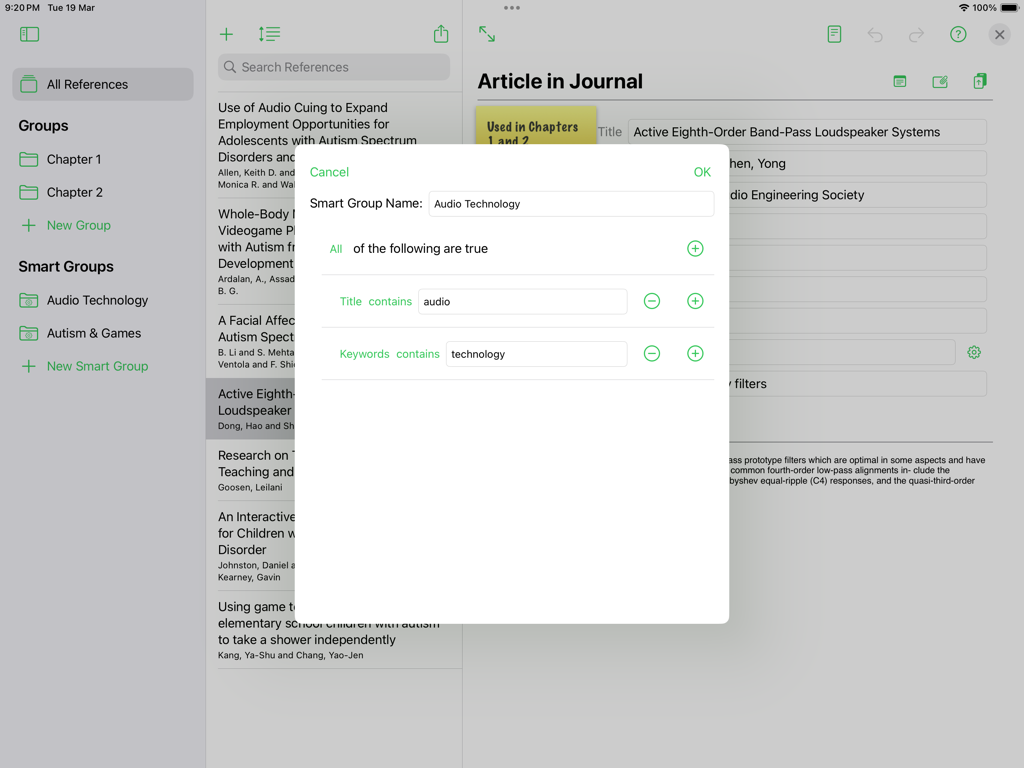 Reference Tracker - A modal window in Reference Tracker on iPad showing settings for creating a smart group to automatically organize research references.