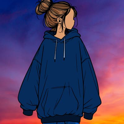 realistic girl with a oversized sweatshirt on and a bun