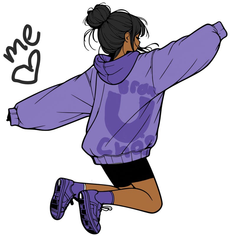 realistic girl jumping with a bun and oversized sweatshirt
