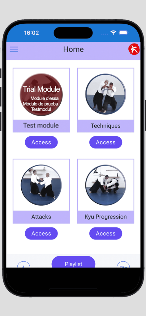 Aikido-ALL app home screen featuring modules for techniques attacks and kyu progression