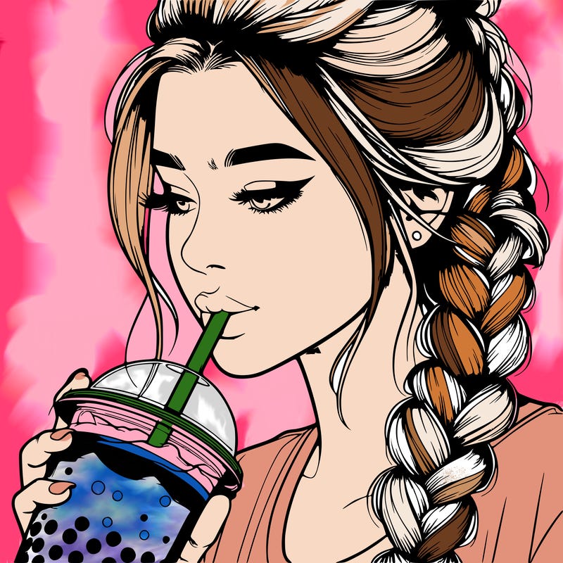 realistic girl drinking boba tea with braided hair