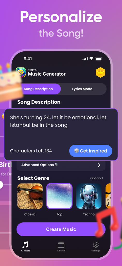 Happy AI: Song, Music Creator - Interface of the Happy AI app showing how to personalize a song with a description and music genre selection