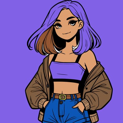 a realistic girl with a crop top and short shorts in an open jacket