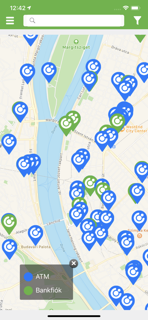 OTP SmartBank - A map interface in the OTP SmartBank app showing blue ATM and green bank branch locations in Budapest, Hungary.