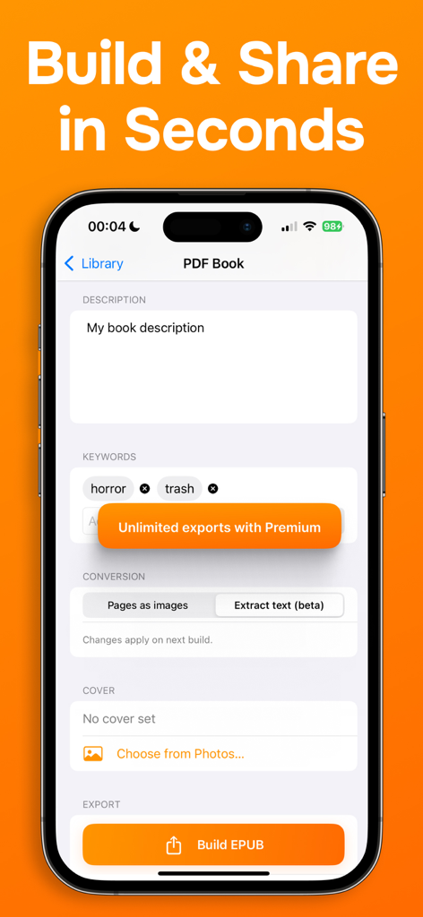 EPUB Maker - PDF to EPUB - Interface of the EPUB Maker app showing options to edit book description, keywords, and cover before building an EPUB