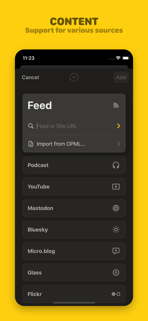 Interface of the Reeder app showing various supported content sources like RSS, Podcasts, YouTube, and Mastodon.