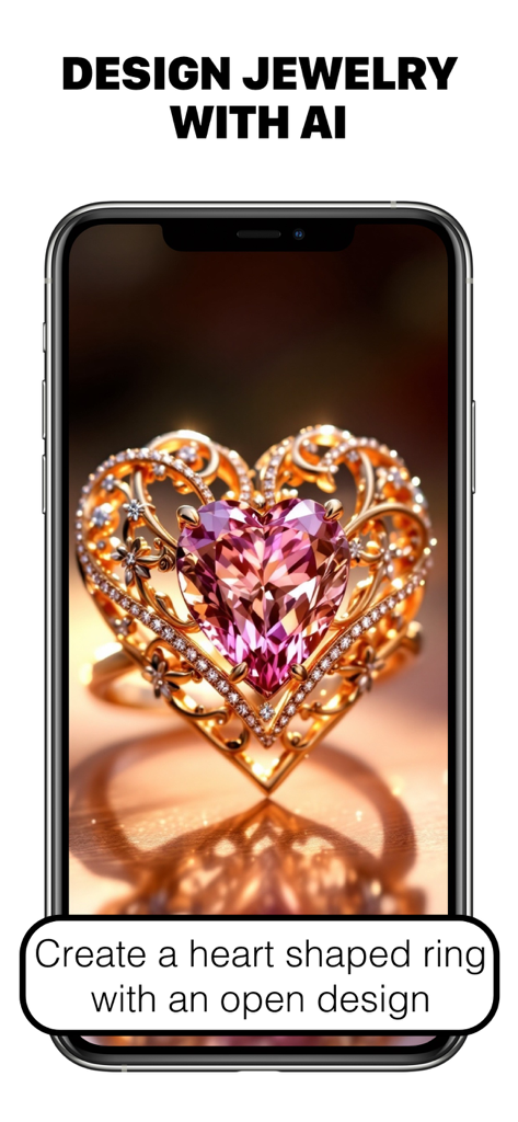 Pantalla del móvil mostrando la interfaz de la app Jewelry AI con un anillo de corazón de oro generado por IA y una gema rosa creado a partir de una indicación de texto