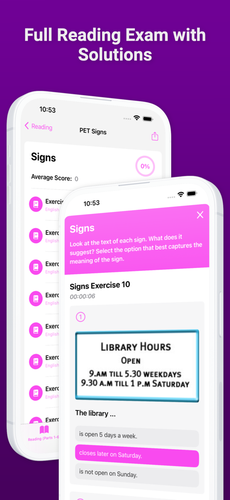 English B1 PET - English B1 PET app interface showing a reading exam exercise about library hours signs