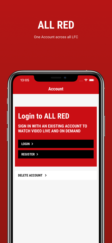 Login and registration interface for the ALL RED Liverpool FC video official app