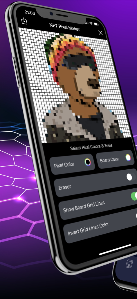 NFT Pixel Maker interface on a smartphone showing a pixel art character and creative editing tools
