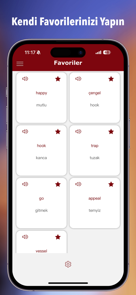 Lista de favoritos en la aplicación Ceviri Plus con tarjetas de palabras de vocabulario turco e inglés.