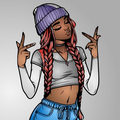 realistic teenage girl with braids and a beanie and crop top doing 🫶🏼