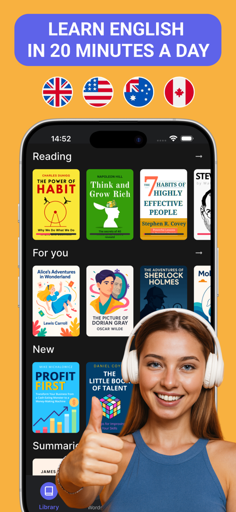 Bookvo: English Learning - Bookvo app interface showing a digital library of English books and a smiling woman wearing headphones