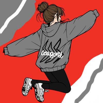 realistic girl jumping with a bun and oversized sweatshirt
