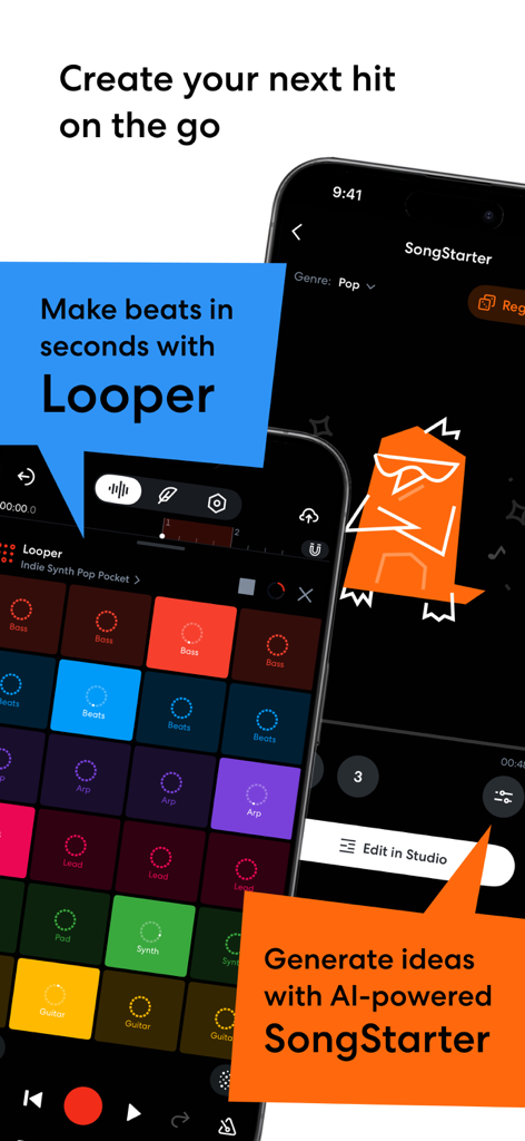 BandLab mobile app interface showing the Looper beat pads and the AI-powered SongStarter tool