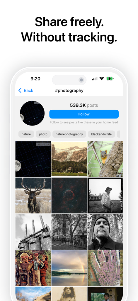 Pixelfed - Pixelfed app interface showing a photography hashtag grid and the slogan Share freely Without tracking.