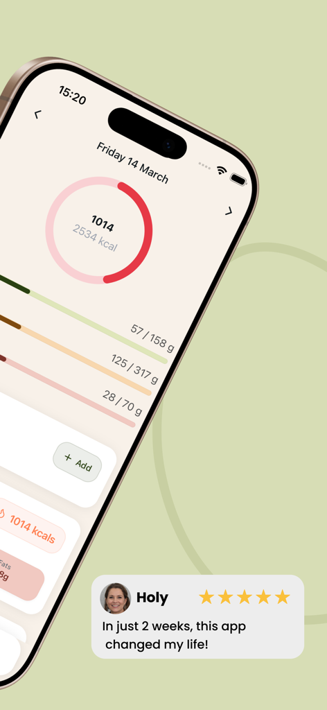 Flavora - A mobile screenshot of the Flavora app showing daily macronutrient progress and a positive user testimonial with a five star rating.