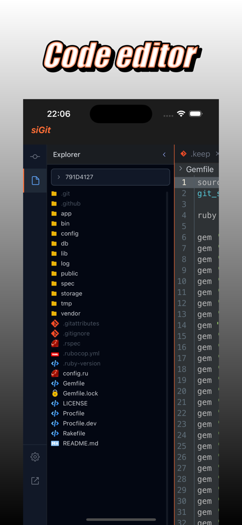 siGit - Interface of the siGit app showing its code editor with a file explorer and Ruby Gemfile open on an iPhone.