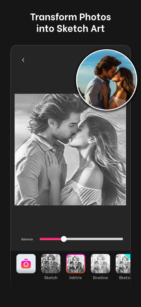 Sketch effect black and white - Interfaz de aplicación móvil que muestra una foto de una pareja transformándose en arte de boceto a lápiz en blanco y negro.