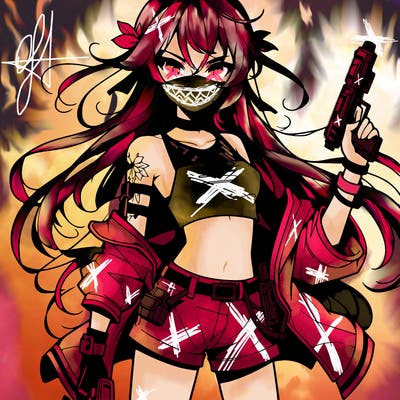 bad girl wearing crop top holding a gun long hair anime