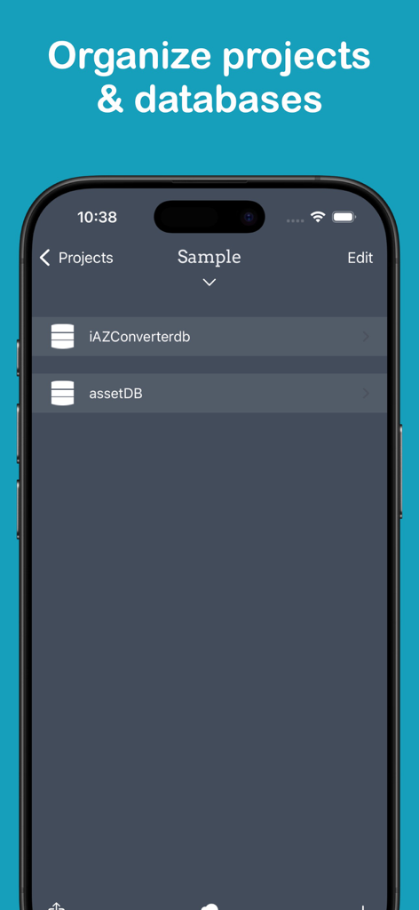 Interfaz móvil para organizar proyectos y bases de datos SQL en la aplicación SQLed