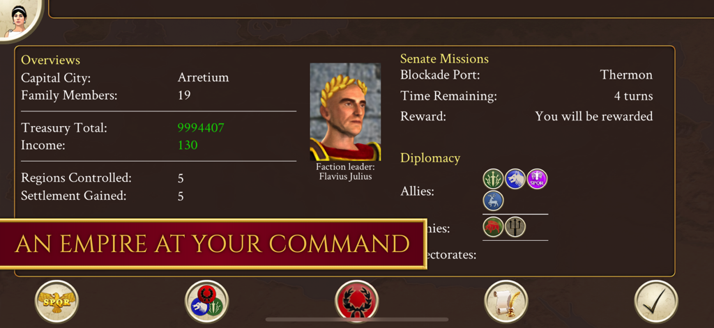 Rome Total War mobile gameplay showing the empire management overview screen with faction leader Flavius Julius and senate missions