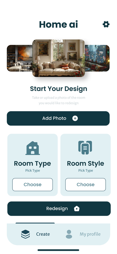 Main screen of the AI Home Design app featuring room redesign options and style selection buttons