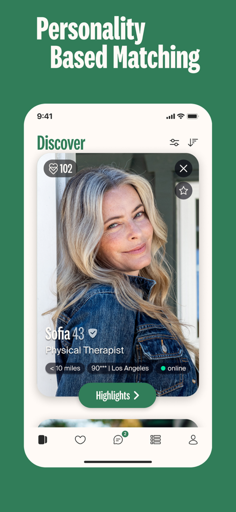 eharmony mobile app discover tab showing personality based matching and a user profile card