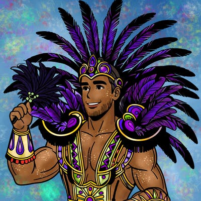 a realistic man  in the carnaval of rio with a carnival costume from brazil with feathers