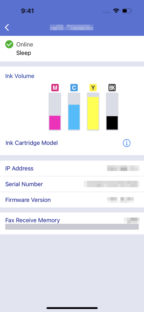 Interface do aplicativo Brother iPrint e Scan exibindo os níveis de volume de tinta e o status da máquina