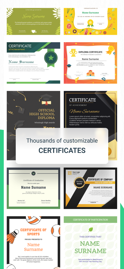 A variety of customizable certificate templates for awards diplomas and achievements