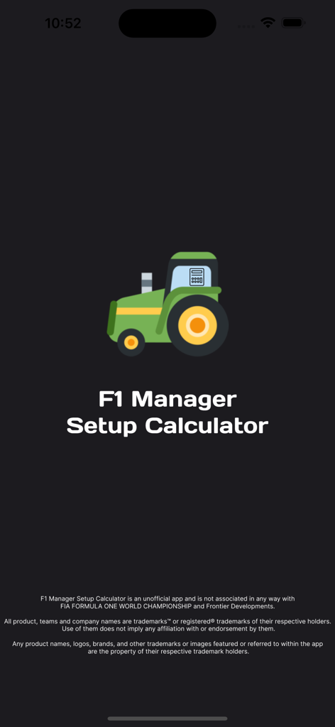 F1 Manager Setup Calculator splash screen featuring a tractor icon and the app title