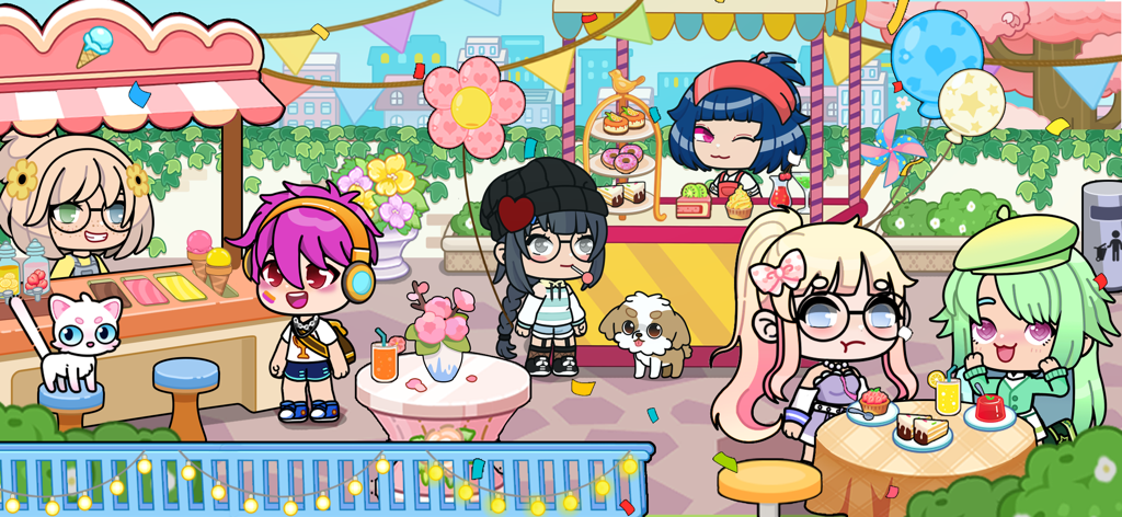 Super City2:Tut Life World - Personajes y mascotas chibi coloridos disfrutando de un festival de comida al aire libre con helados y pasteles.