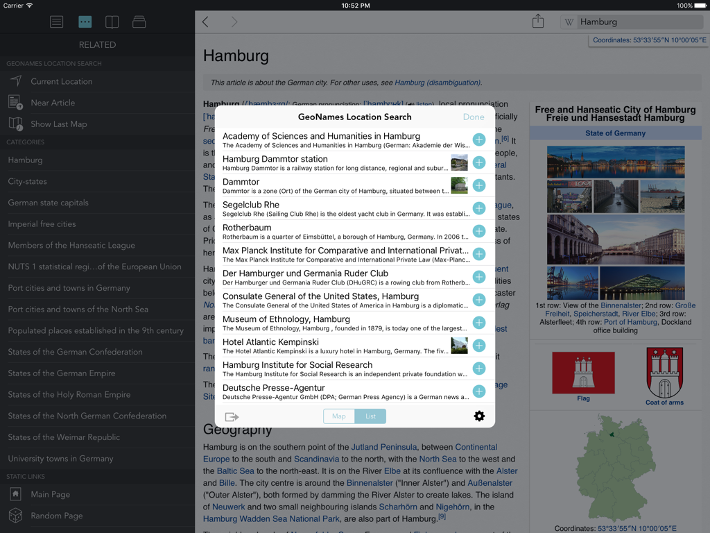 Wikipanion Plus for iPad - Wikipanion Plus App-Oberfläche auf dem iPad, die einen Wikipedia-Artikel über Hamburg mit einer Suchleiste für Standorte zeigt