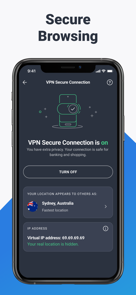 AVG Mobile Security app interface showing an active VPN secure connection for private browsing.