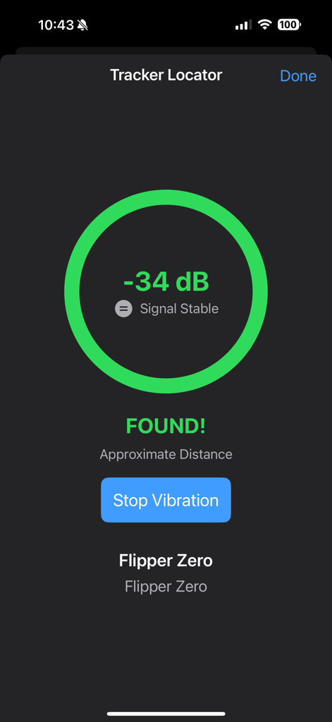 Tracker Detector - Signal strength meter in the Tracker Detector app showing a found Flipper Zero device
