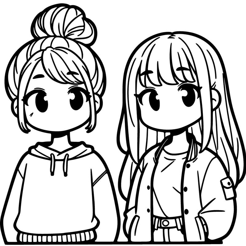 a girl with a bun and a sweatshirt. another girl with a shoulder-length ponytail with a jacket