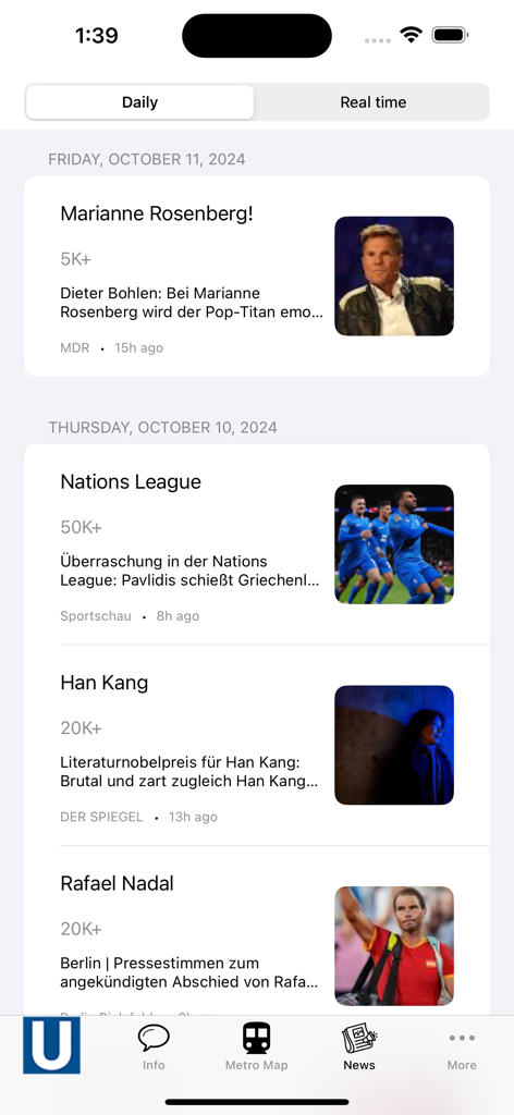 Nuremberg Subway Map - Screenshot des täglichen Nachrichtenbereichs in der Nürnberg U-Bahn-Map-App, der lokalisierte Updates und kulturelle Highlights zeigt.