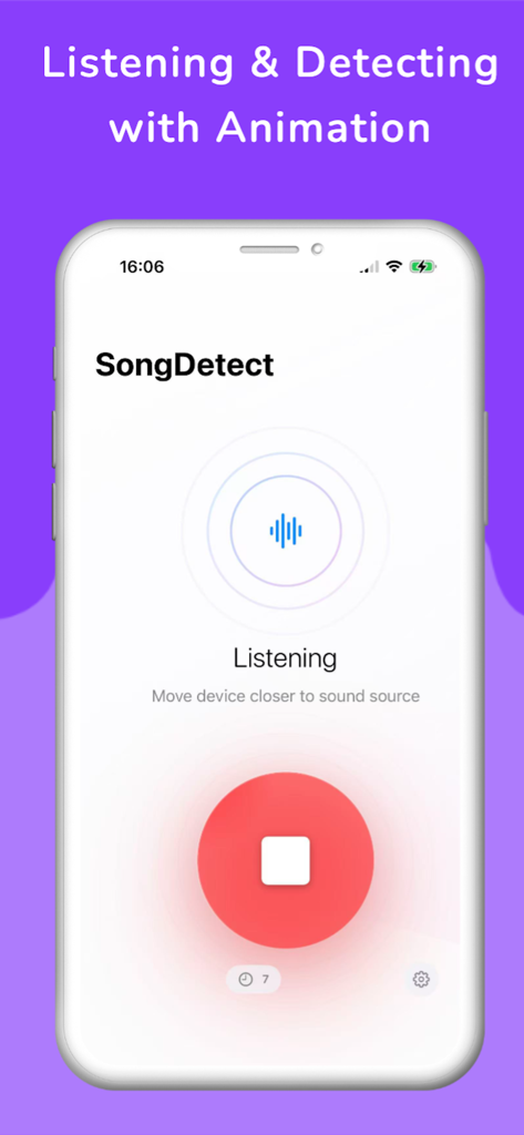 SongDetect - Music Recognition - Interface do aplicativo móvel SongDetect mostrando a tela de escuta de reconhecimento de música com um botão de parada vermelho