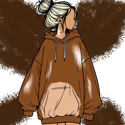 realistic girl with a oversized sweatshirt on and a bun