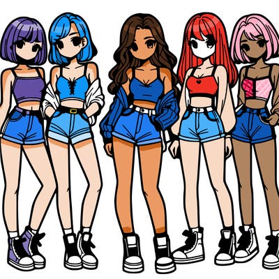 a group of girls wearing crop tops and shorts