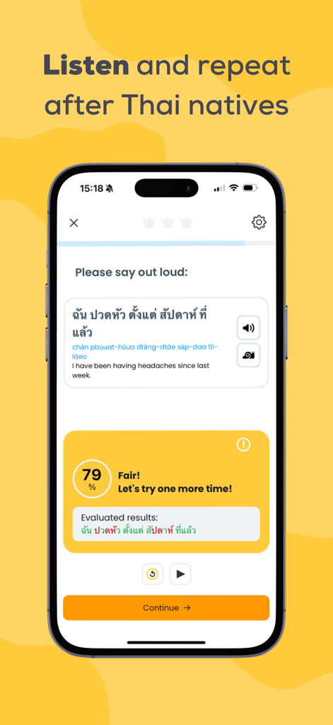 Ling - Learn Thai Language - Screenshot of Ling app showing a Thai language speaking exercise with speech recognition feedback and native audio playback.