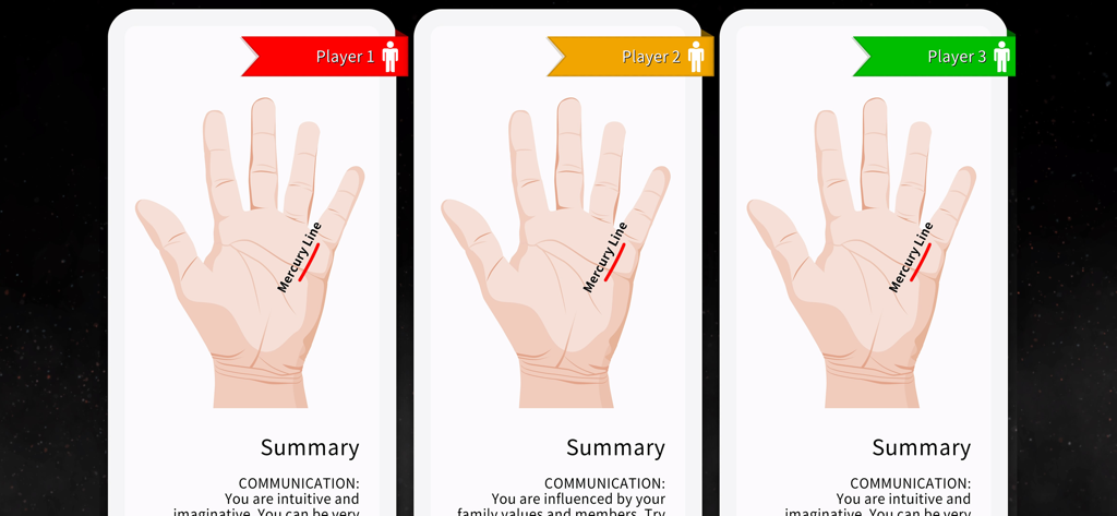Palm Reading Premium - Pantalla de resultados de lectura de palmas multijugador comparando tres jugadores diferentes