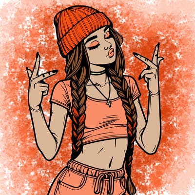 realistic teenage girl with braids and a beanie and crop top doing 🫶🏼