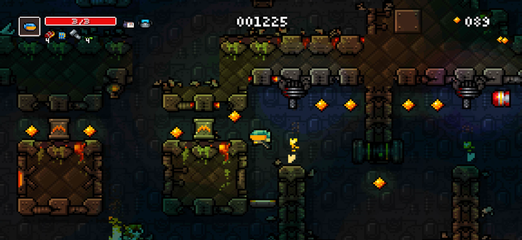 Captura de pantalla de jugabilidad de Meganoid Remaster mostrando un personaje de pixel art navegando por un nivel oscuro de nave espacial con coleccionables y elementos de HUD.