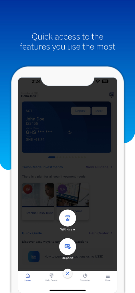 SIMS LTD - SIMS LTD app interface showing investment dashboard with quick access buttons for deposits and withdrawals