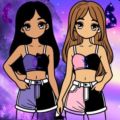 two sisters with crop tops and jean shorts and straight hair
